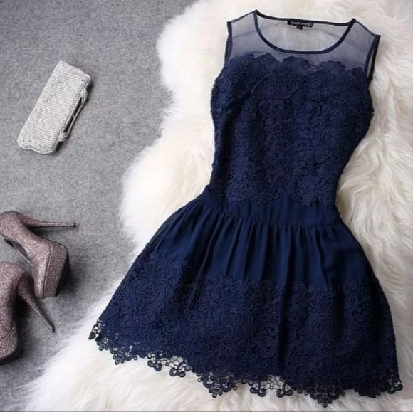 Es. Feel Dark Blue Lace Sleeveless Bridal Prom Formal Short Dress - Picture 1 of 10
